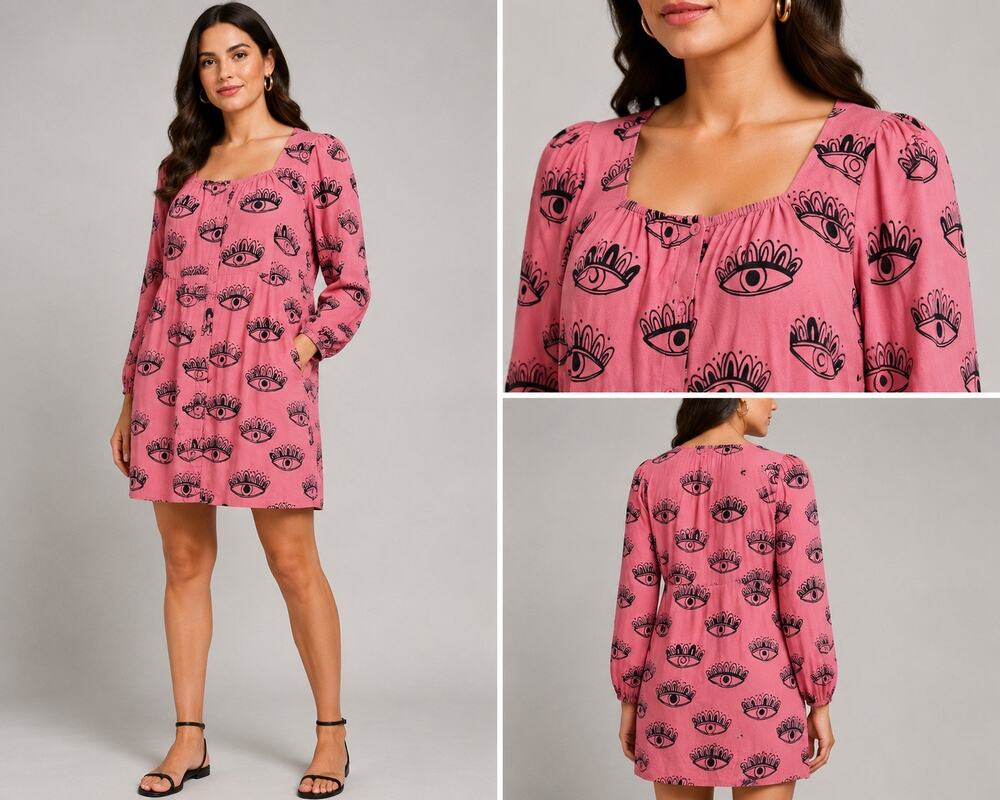 Pepaloves Women's Large NWT Pink Eye Print Dress Long Sleeve Button Front Shift